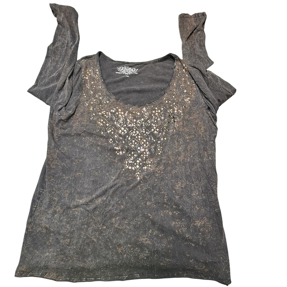 Maurices Premium Gray Acid Wash Rhinestone Studded Long Sleeve Top Size 2